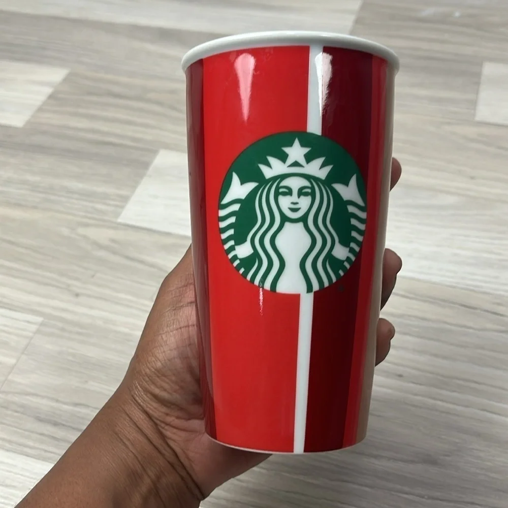 Starbucks Holiday Ceramic Tumbler Red Stripe Double Wall Travel 12 Oz Cup No Lid